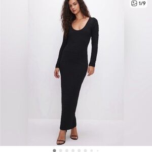 Good American Black Textured Long Sleeve Dress